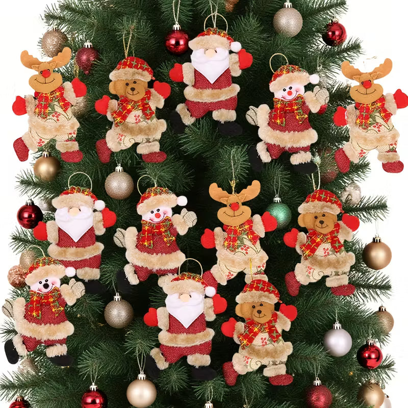 12pcs Festive Christmas Tree Ornaments - Santa, Snowman, Reindeer & Bear Figures with Red & White Scarves, Golden Balls & Red Bows - Perfect for Holiday Decor, Christmas Decorations