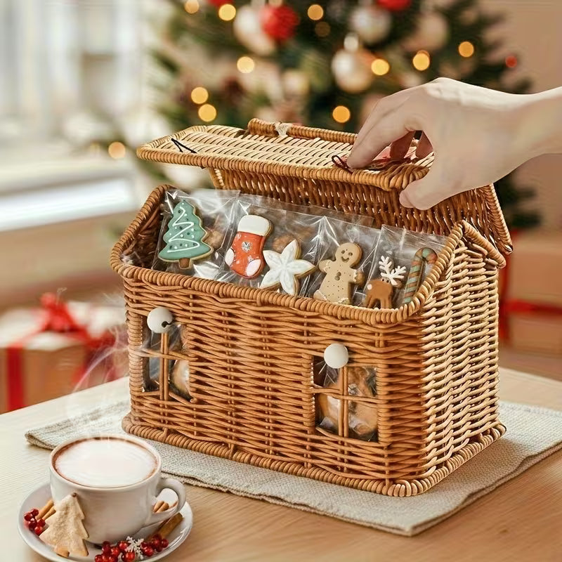 Handwoven House-Shaped Basket with Lid - Party Candy Storage, Gift Box, Desktop Organizer, Farmhouse Home Decor, Christmas/Halloween/Thanksgiving/Wedding/Birthday Present. Cute Plastic Box for Coffee/Tea/Snacks, Suitable for All 4 Seasons