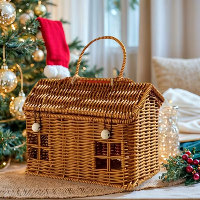 Handwoven House-Shaped Basket with Lid - Party Candy Storage, Gift Box, Desktop Organizer, Farmhouse Home Decor, Christmas/Halloween/Thanksgiving/Wedding/Birthday Present. Cute Plastic Box for Coffee/Tea/Snacks, Suitable for All 4 Seasons