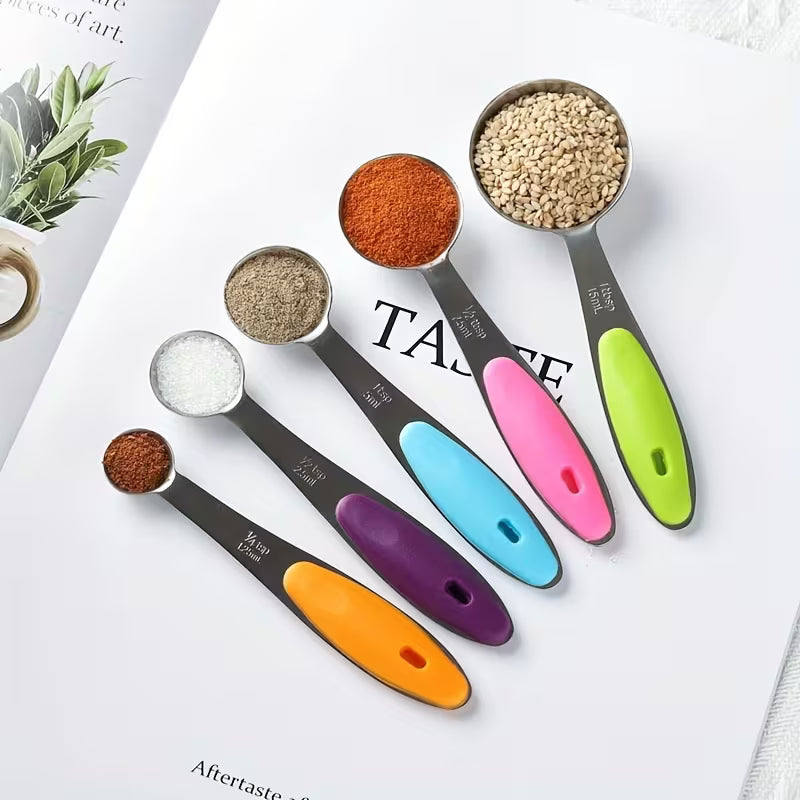 5pcs Measuring Spoon Set/10pcs Measuring Spoon Measuring Cup Set, Stainless Steel, with Silicone Handle, Precise Measuring Tool for Cooking | Essential for Christmas Baking, Kitchen Measuring Set, Cooking Tools, Sleek Kitchenware, Functional Design