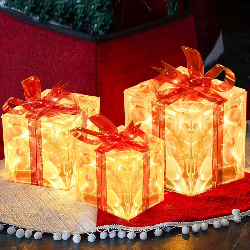 Set of 3 Christmas Lighted Gift Boxes, Transparent Warm White Lighted Christmas Box Decrations, Presents Boxs with Red Bows for Christams Tree, Yard, Home, Christams Decorations outdoor, Seasonal Ornaments, Holiday Decorations, Classic Christmas