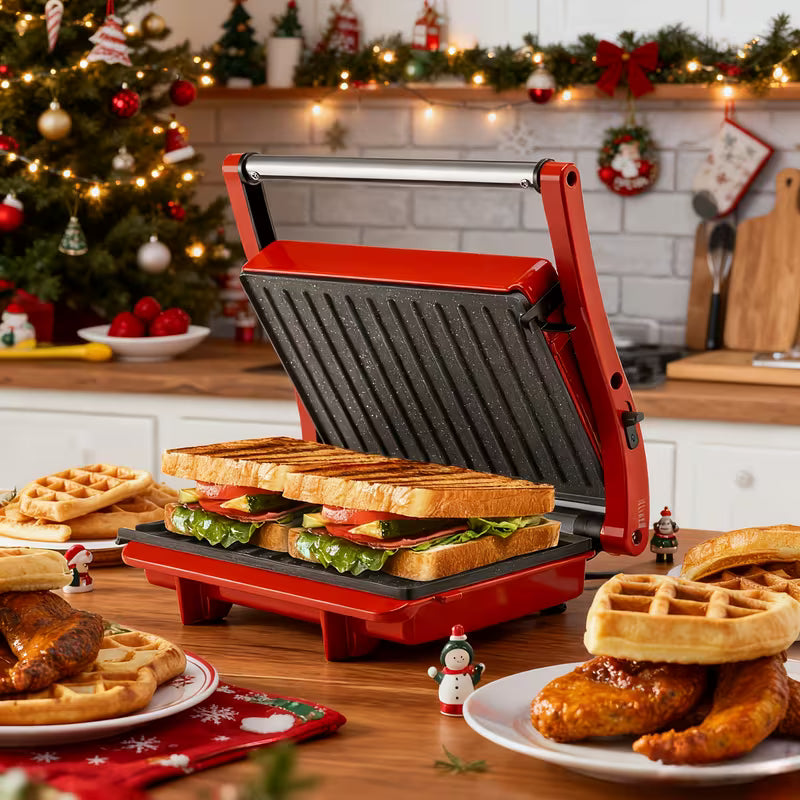 in-1 Electric Indoor Grill & Panini Press with Non-Stick Plates, 180° Opening Angle, Floating Hinge & Grease Tray - 304 Stainless Steel Sandwich Maker with Preheat Indicator Light, Compact Design for Burgers, Steaks, Chicken - All-in-One Appliance