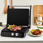 in-1 Electric Indoor Grill & Panini Press with Non-Stick Plates, 180° Opening Angle, Floating Hinge & Grease Tray - 304 Stainless Steel Sandwich Maker with Preheat Indicator Light, Compact Design for Burgers, Steaks, Chicken - All-in-One Appliance