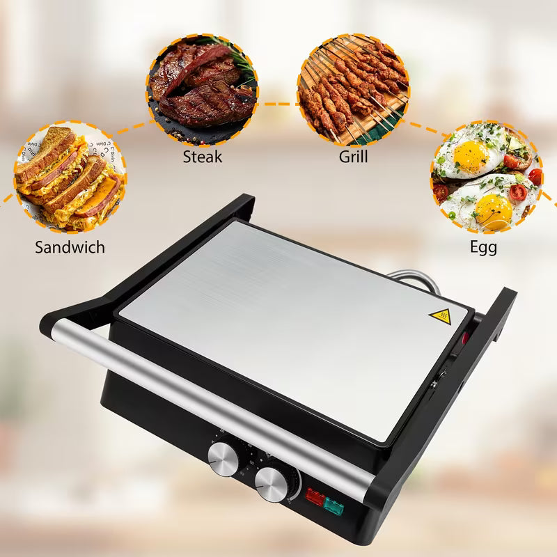 in-1 Electric Indoor Grill & Panini Press with Non-Stick Plates, 180° Opening Angle, Floating Hinge & Grease Tray - 304 Stainless Steel Sandwich Maker with Preheat Indicator Light, Compact Design for Burgers, Steaks, Chicken - All-in-One Appliance