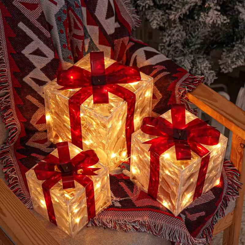 Set of 3 Christmas Lighted Gift Boxes, Transparent Warm White Lighted Christmas Box Decrations, Presents Boxs with Red Bows for Christams Tree, Yard, Home, Christams Decorations outdoor, Seasonal Ornaments, Holiday Decorations, Classic Christmas