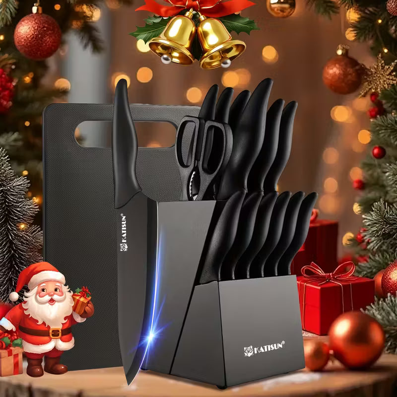15pcs Professional Black-Coded Kitchen Knife Set With Black Wooden Block, Non-Slip ABS Handle Chef'S Knife, Plastic Cutting Board, And Kitchen Shears. Ideal For Home And Restaurant Use. The Perfect Gift For Thanksgiving, Christmas, And New Year.