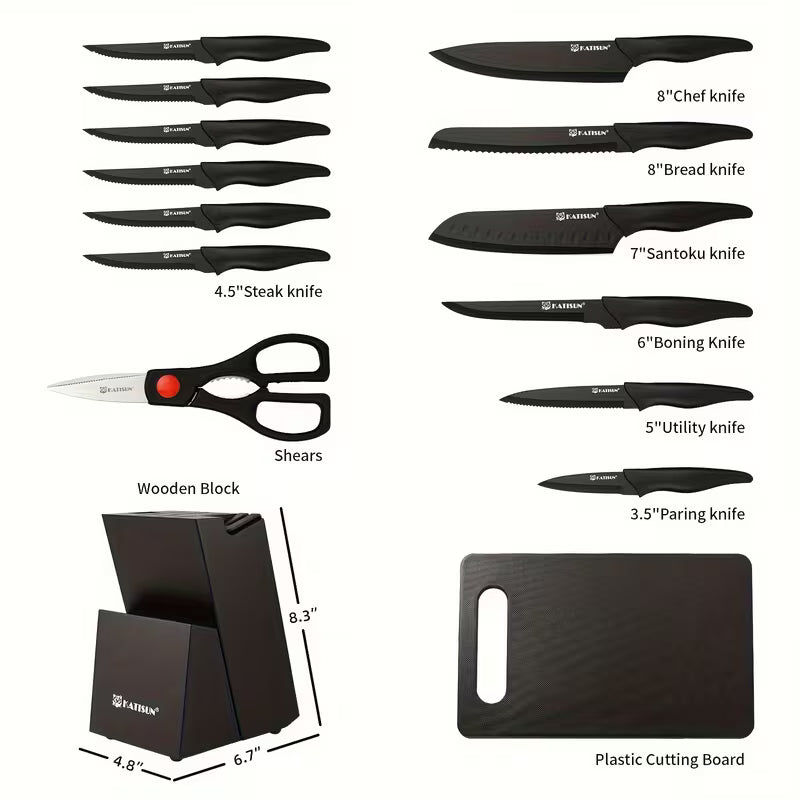 15pcs Professional Black-Coded Kitchen Knife Set With Black Wooden Block, Non-Slip ABS Handle Chef'S Knife, Plastic Cutting Board, And Kitchen Shears. Ideal For Home And Restaurant Use. The Perfect Gift For Thanksgiving, Christmas, And New Year.