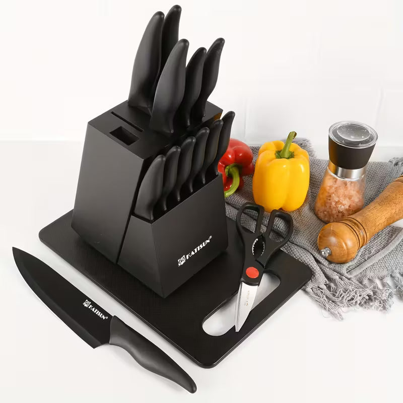 15pcs Professional Black-Coded Kitchen Knife Set With Black Wooden Block, Non-Slip ABS Handle Chef'S Knife, Plastic Cutting Board, And Kitchen Shears. Ideal For Home And Restaurant Use. The Perfect Gift For Thanksgiving, Christmas, And New Year.