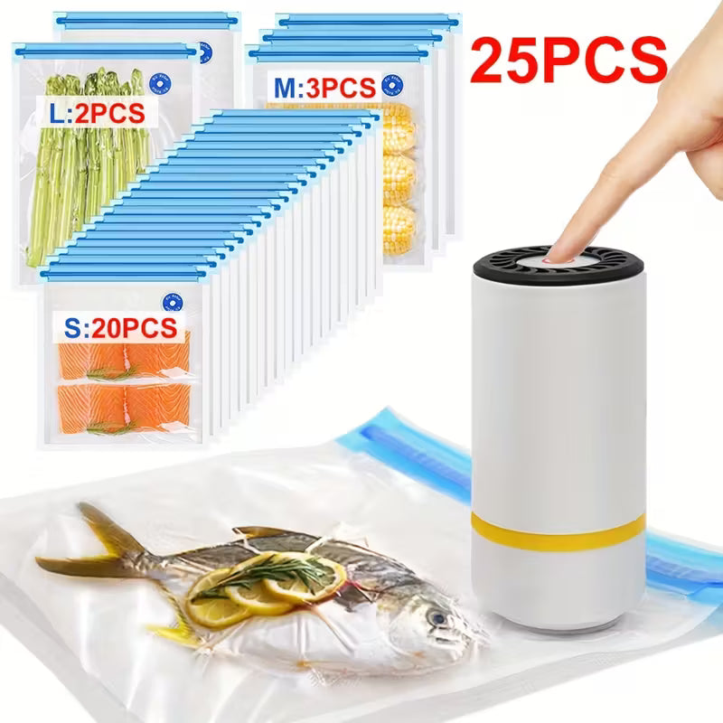 Food Vacuum Storage Bag and Handheld Electric Vacuum Machine Set, 3 Sizes Vacuum Sealed Zipper Bags with 1 Pack of Electric Pump, Large Medium Small Vacuum Zipper Bags for Refrigerator Storage, Food Freshness Preservation Bags