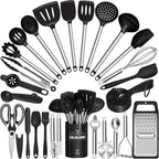 Kitchen Utensils Set-34pcs Silicone Cooking Utensils Set for Nonstick Cookware-Silicone Spatulas Set, Stainless Steel Handle-Black Kitchen Gadgets Tools, Pots And Pans Accessories, SKROAM father gift