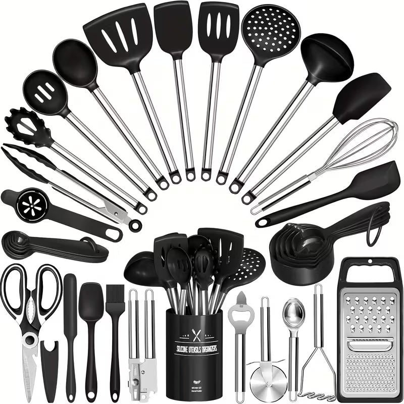 Kitchen Utensils Set-34pcs Silicone Cooking Utensils Set for Nonstick Cookware-Silicone Spatulas Set, Stainless Steel Handle-Black Kitchen Gadgets Tools, Pots And Pans Accessories, SKROAM father gift