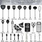 Kitchen Utensils Set-34pcs Silicone Cooking Utensils Set for Nonstick Cookware-Silicone Spatulas Set, Stainless Steel Handle-Black Kitchen Gadgets Tools, Pots And Pans Accessories, SKROAM father gift